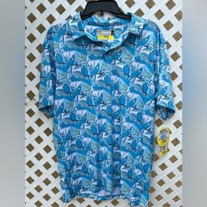NICKLAUS Men's  Polo Golf Button Up Shirt Ibiza Blue Floral Bird ECO Cho…
